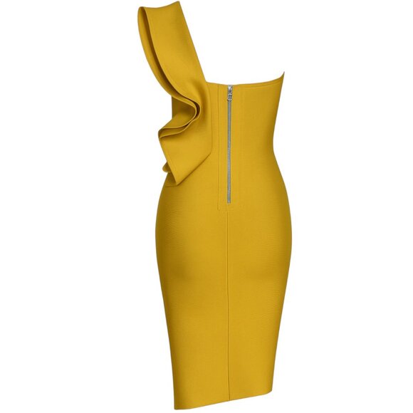 Elegant Ruffle One-Shoulder Mustard Yellow Party Cocktail Midi Bandage Dress - Picture 4 of 5